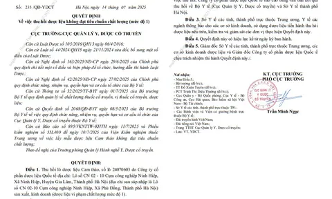 Không đảm bảo chất lượng, cam thảo của Công ty Cổ phần Dược liệu Quốc tế bị thu hồi