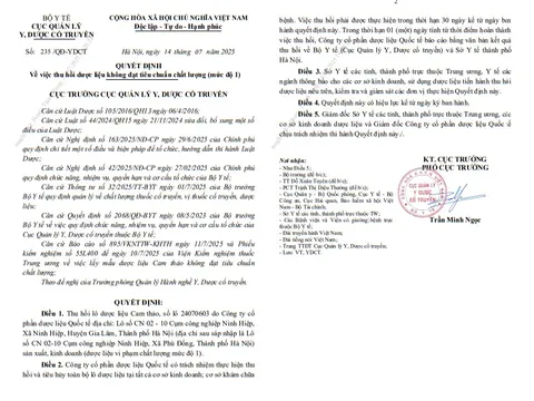 Không đảm bảo chất lượng, cam thảo của Công ty Cổ phần Dược liệu Quốc tế bị thu hồi